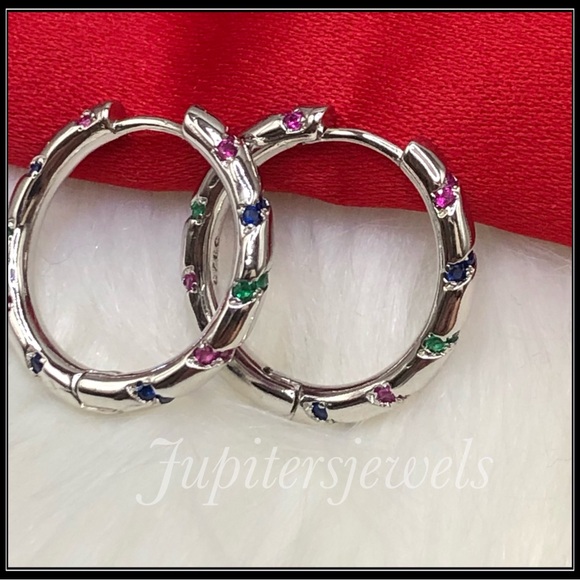 NEW 925 SILVER CANDY STRIPES RAINBOW SIMULATED SAPPHIRE HOOP HUGGIE EARRINGS - Picture 4 of 4